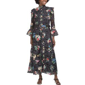 DALIA MACPHEE Long Sleeve Floral Lace Maxi Dress With Belt